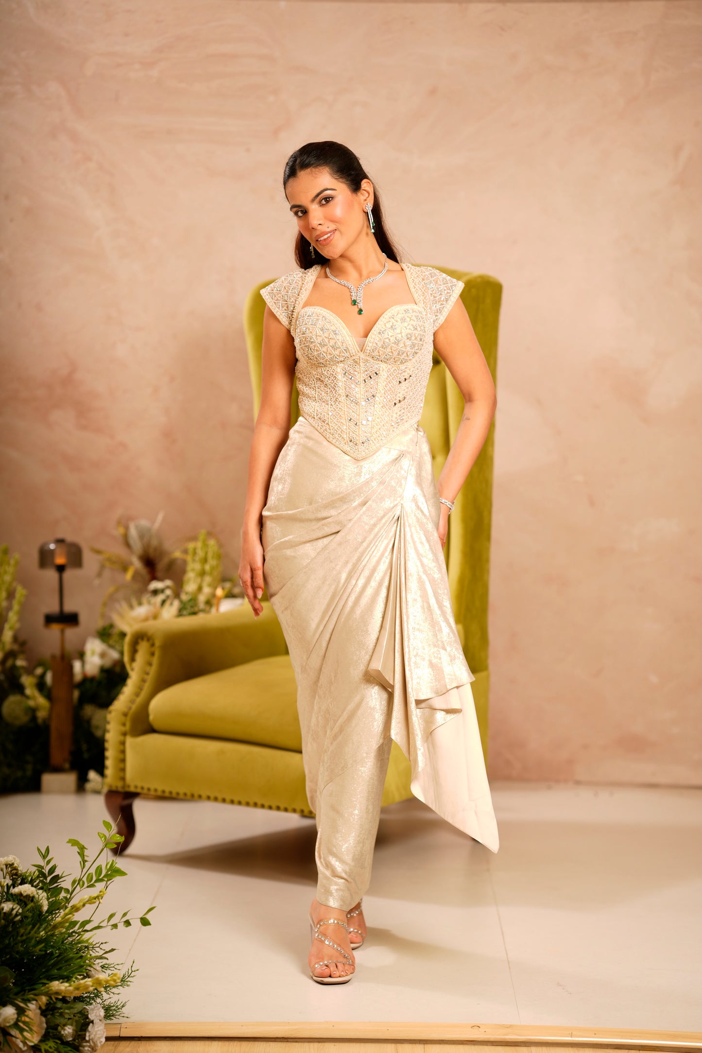 Ivory Beaded Corset & Drape Skirt