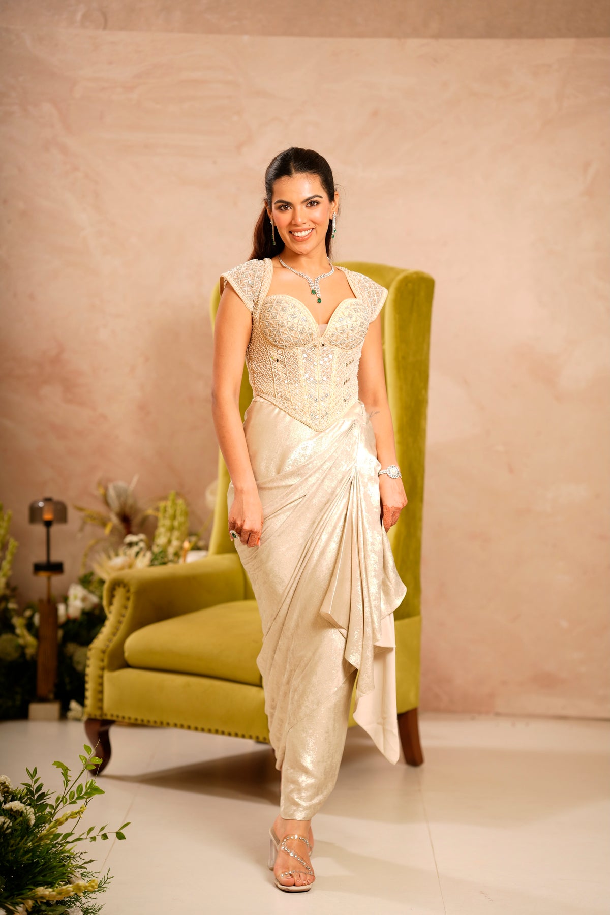 Ivory Beaded Corset & Drape Skirt