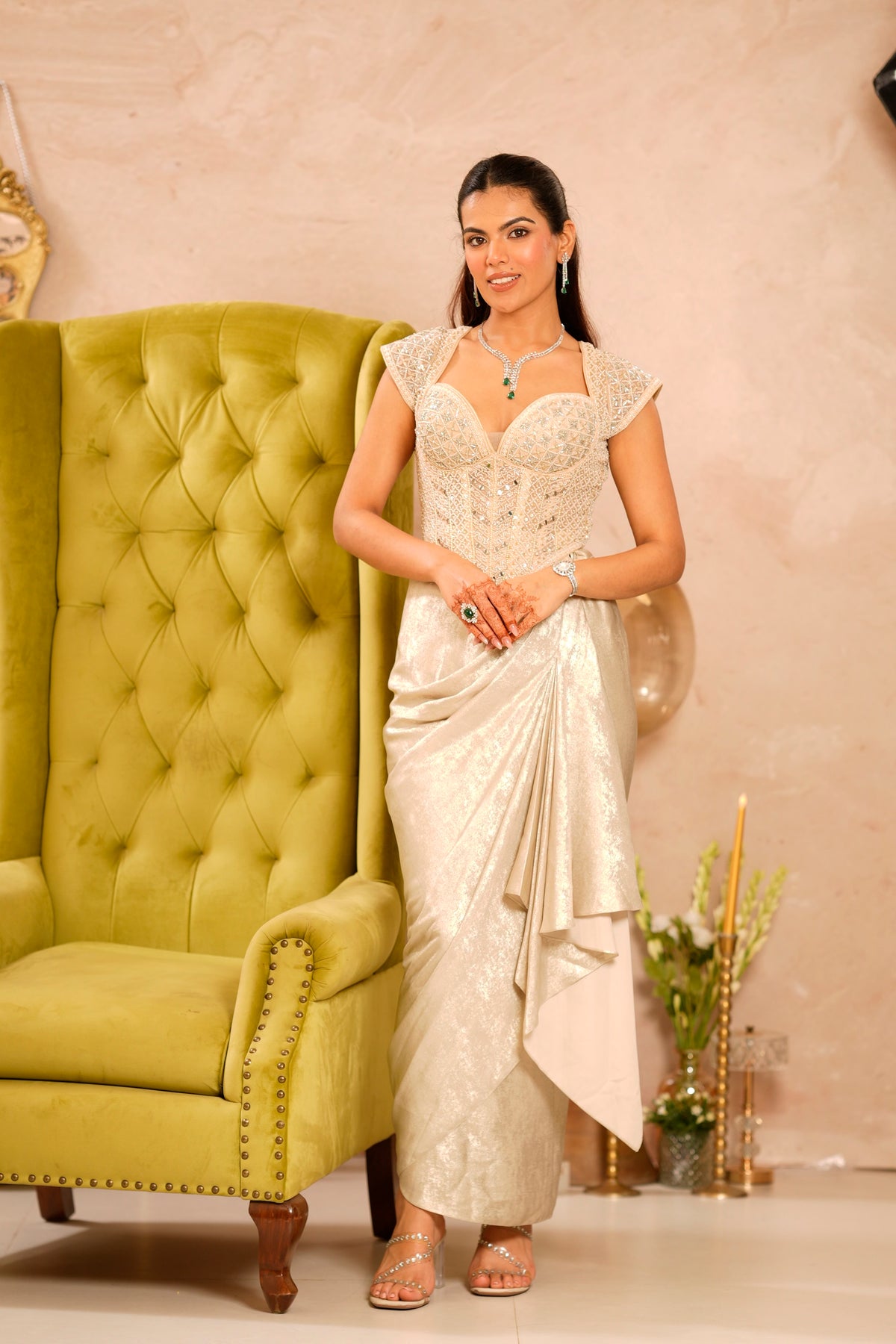 Ivory Beaded Corset & Drape Skirt